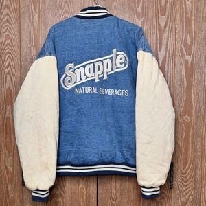 Vtg Snapple Natural Beverages Denim Varsity Jacket XL Embroidered Logo Spellout
